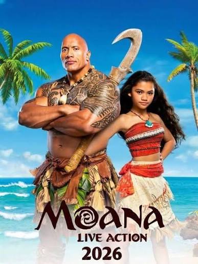 Promotional poster for Disney's live-action adaptation of 'Moana' featuring Dwayne Johnson as Maui and Catherine Laga'aia as Moana, set against a tropical beach background with palm trees.