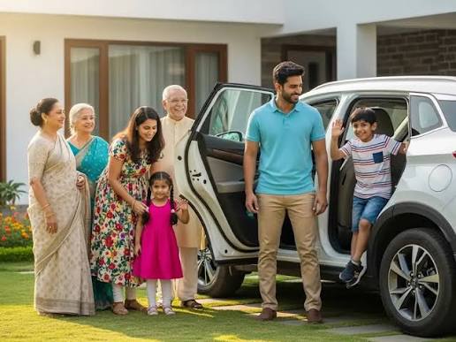 A happy Indian family with their family cars of six gathered around a white SUV in a home garden, ready for an outing.