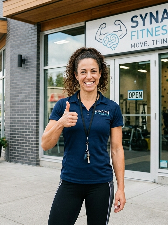 This is a photo a gym owner standing outside of her gym